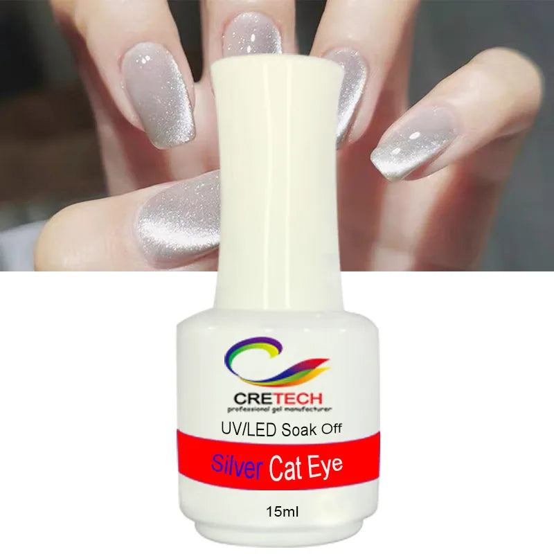 Close-up use case of silver magnetic cat eye gel effect for salon and DIY nail art