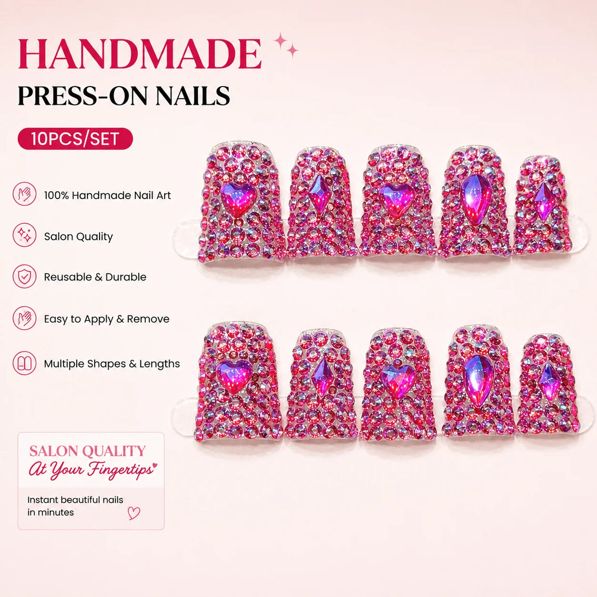 Ten-piece acrylic press-on nail set in pink with a wide duck-shaped design